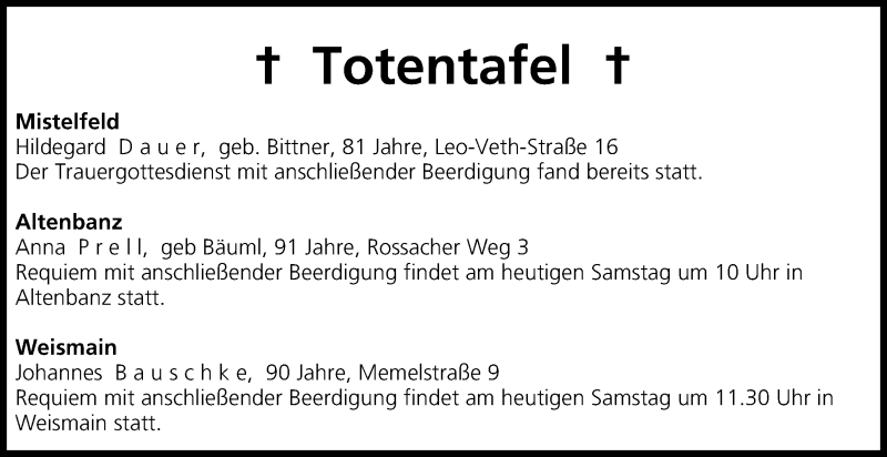  Traueranzeige für Totentafel, vom 25.10.2014 vom 25.10.2014 aus MGO