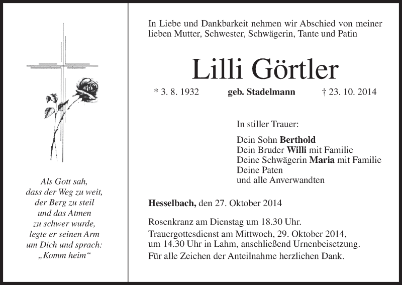  Traueranzeige für Lilli Görtler vom 27.10.2014 aus MGO