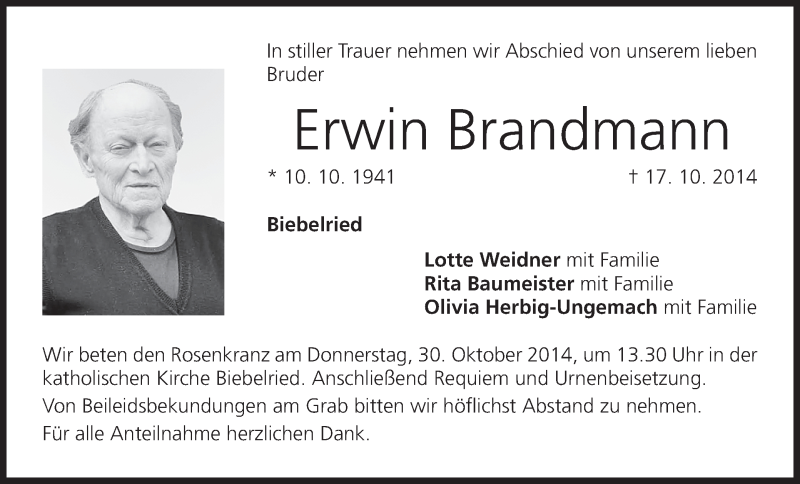  Traueranzeige für Erwin Brandmann vom 28.10.2014 aus MGO