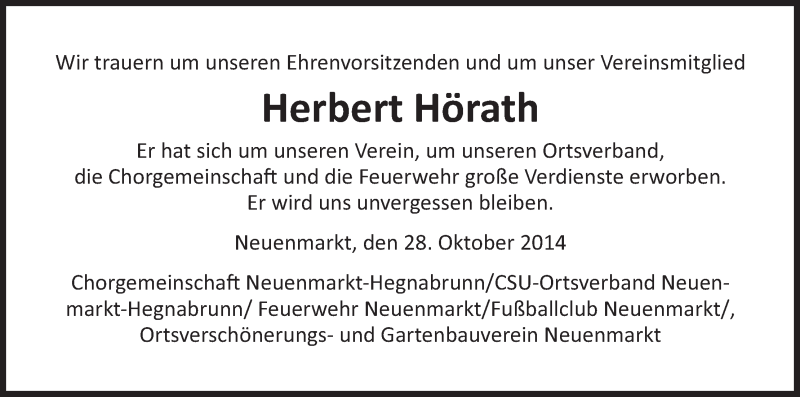  Traueranzeige für Herbert Hörath vom 28.10.2014 aus MGO