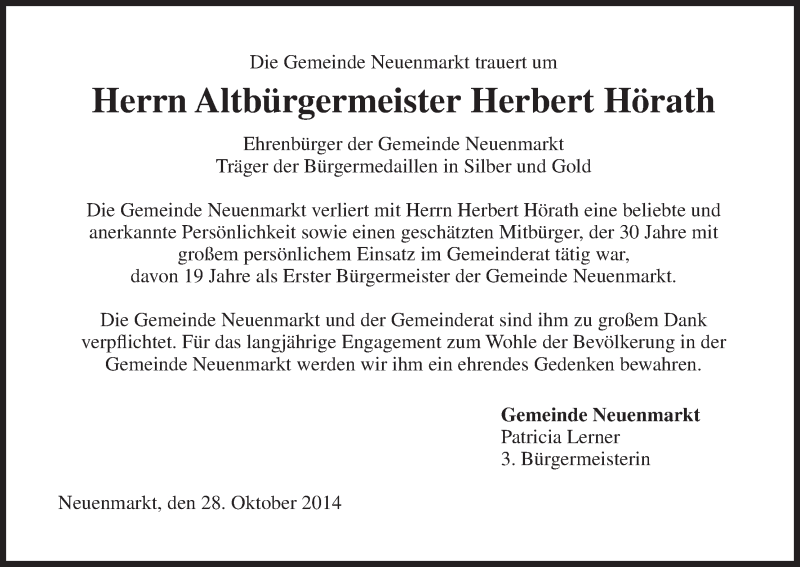  Traueranzeige für Herbert Hörath vom 28.10.2014 aus MGO