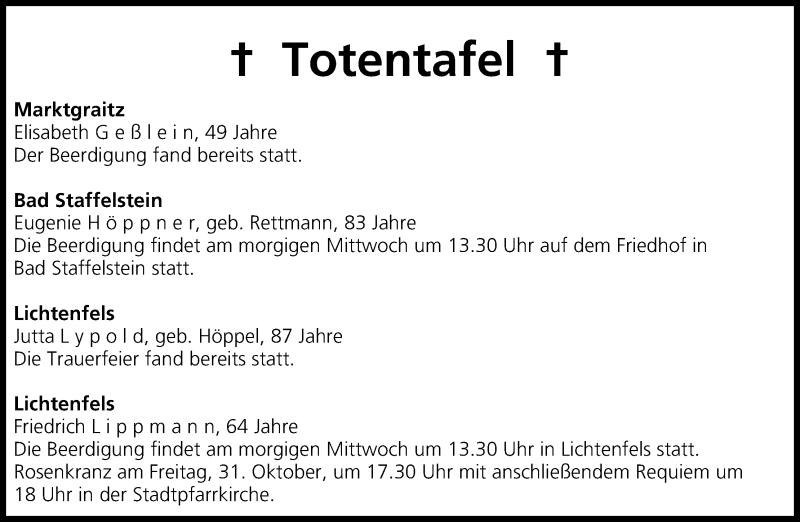  Traueranzeige für Totentafel vom 28.10.2014 vom 28.10.2014 aus MGO