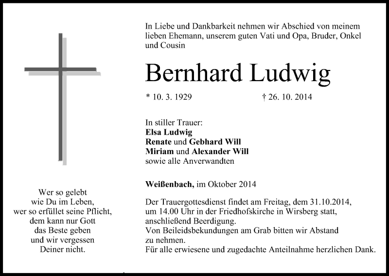  Traueranzeige für Bernhard Ludwig vom 28.10.2014 aus MGO