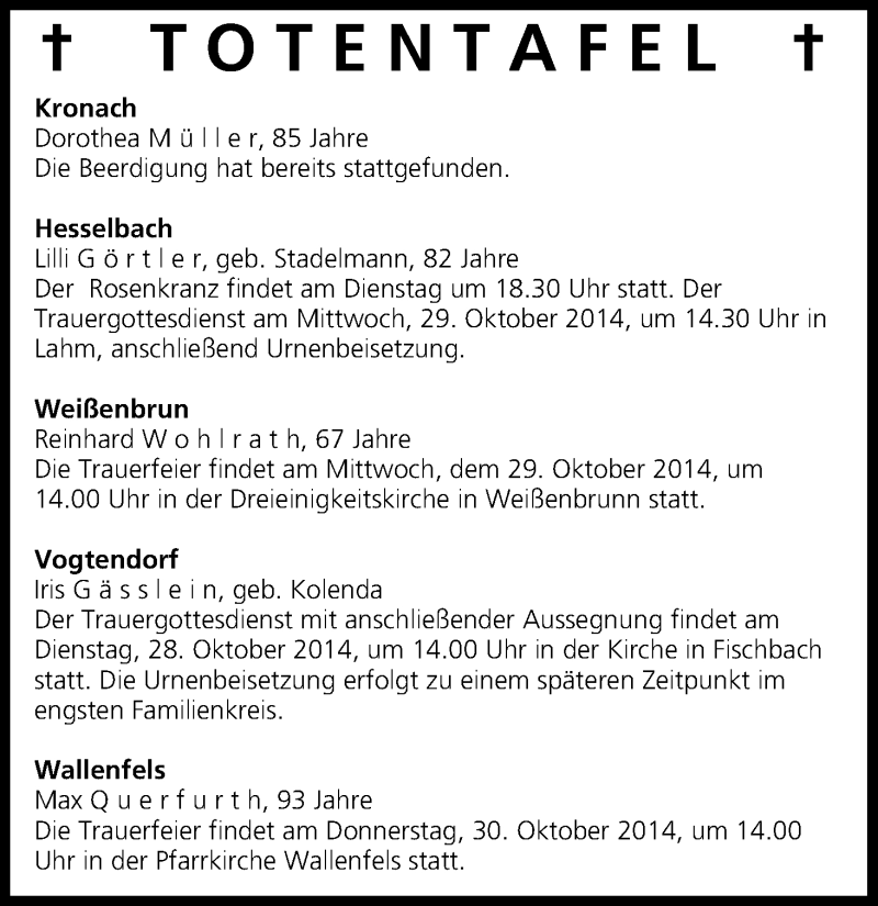  Traueranzeige für Totentafel vom 28.10.2014 vom 28.10.2014 aus MGO