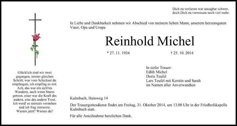  Traueranzeige für Reinhold Michel vom 29.10.2014 aus MGO