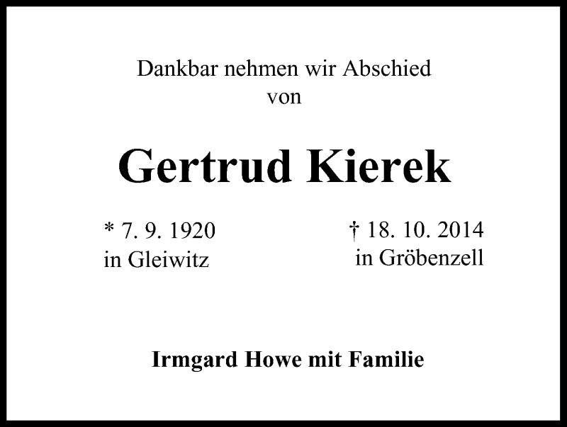  Traueranzeige für Gertrud Kierek vom 31.10.2014 aus MGO