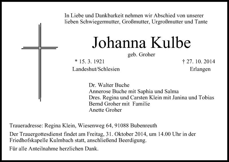  Traueranzeige für Johanna Kulbe vom 29.10.2014 aus MGO
