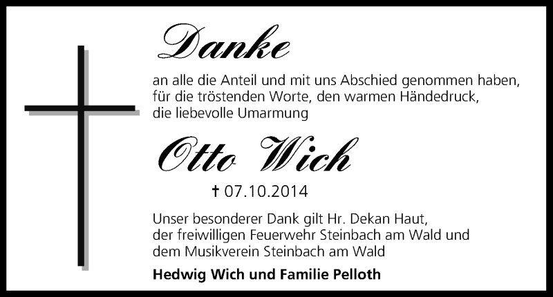  Traueranzeige für Otto Wich vom 30.10.2014 aus MGO