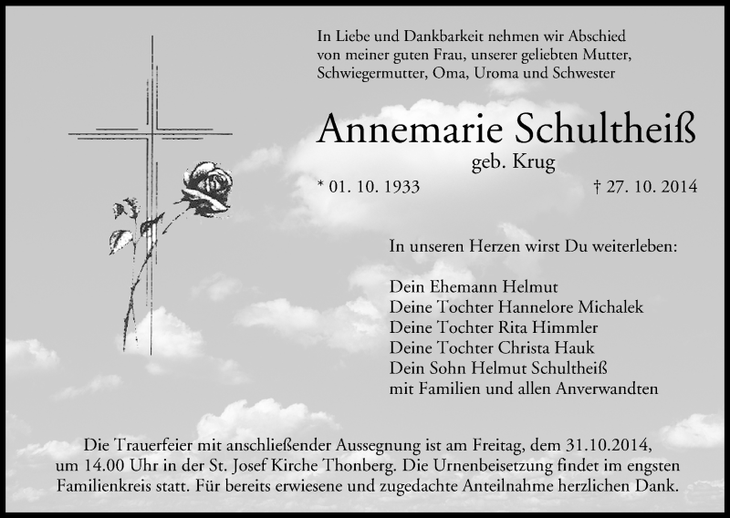  Traueranzeige für Annemarie Schultheiß vom 30.10.2014 aus MGO