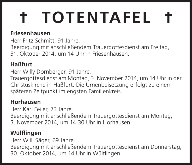  Traueranzeige für Totentafel vom 30.10.2014 vom 30.10.2014 aus MGO