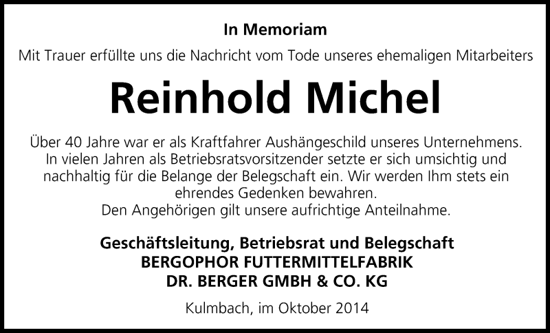  Traueranzeige für Reinhold Michel vom 30.10.2014 aus MGO