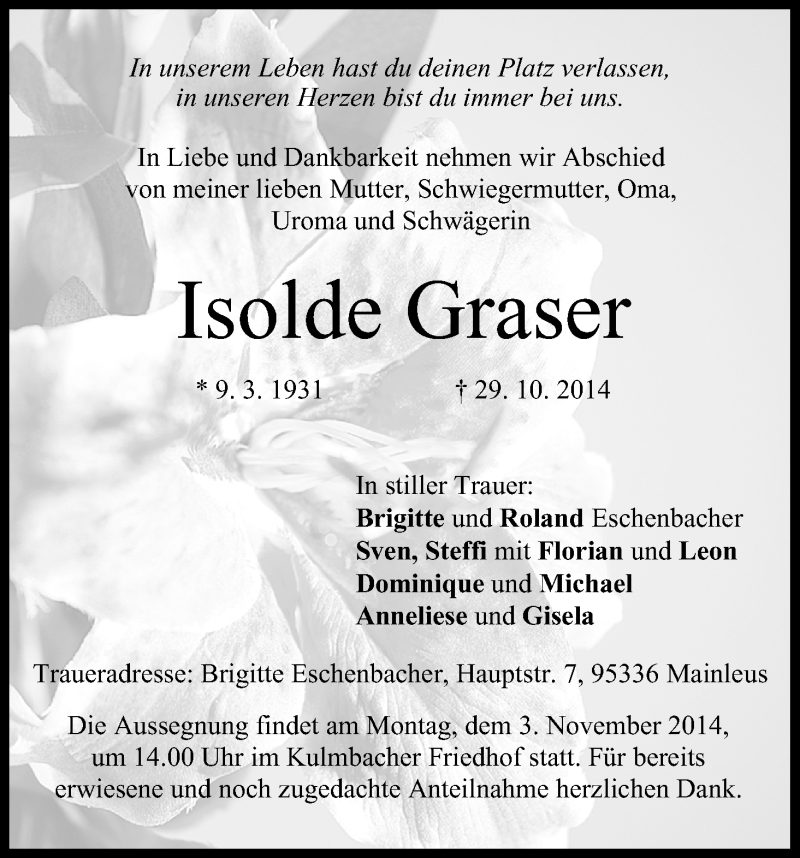 Traueranzeige für Isolde Graser vom 30.10.2014 aus MGO