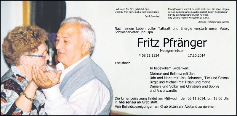  Traueranzeige für Fritz Pfränger vom 31.10.2014 aus MGO