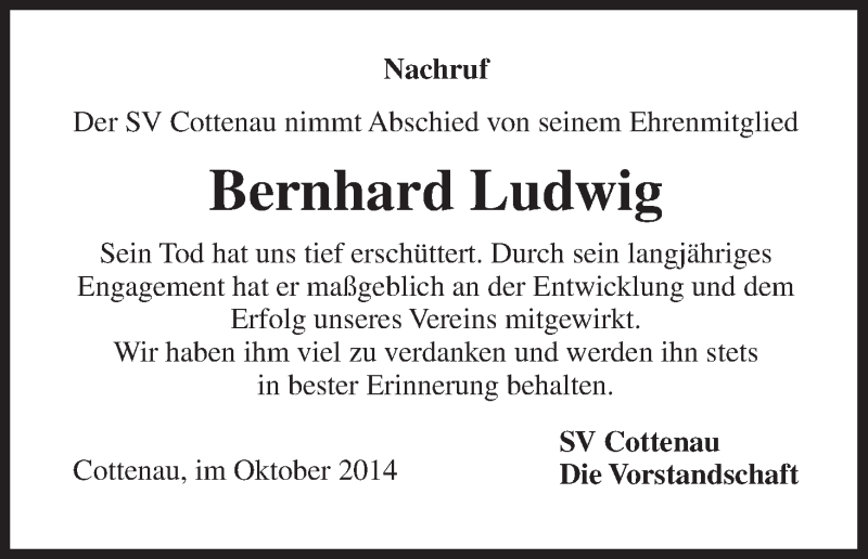  Traueranzeige für Bernhard Ludwig vom 31.10.2014 aus MGO