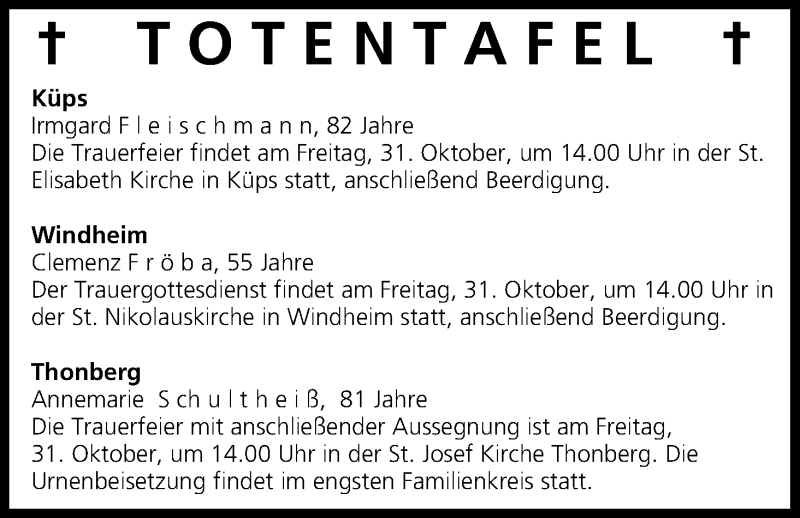 Traueranzeige für Totentafel vom 31.10.2014 vom 31.10.2014 aus MGO