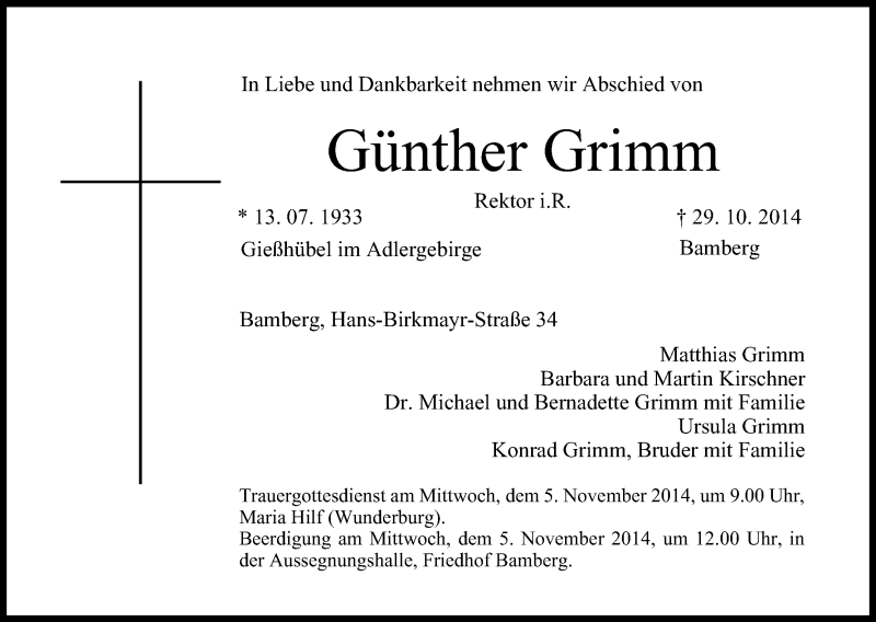 Traueranzeige für Günther Grimm vom 31.10.2014 aus MGO