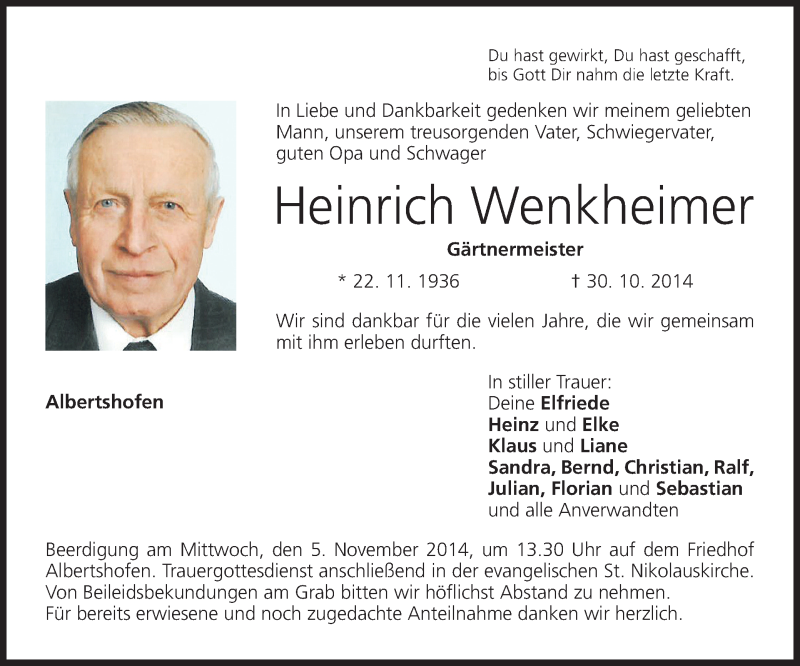  Traueranzeige für Heinrich Wenkheimer vom 03.11.2014 aus MGO