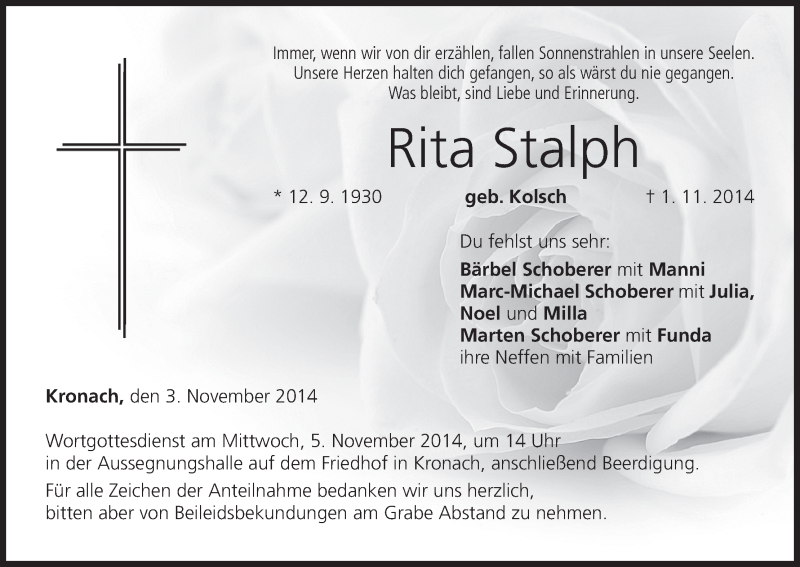 Traueranzeige für Rita Stalph vom 03.11.2014 aus MGO