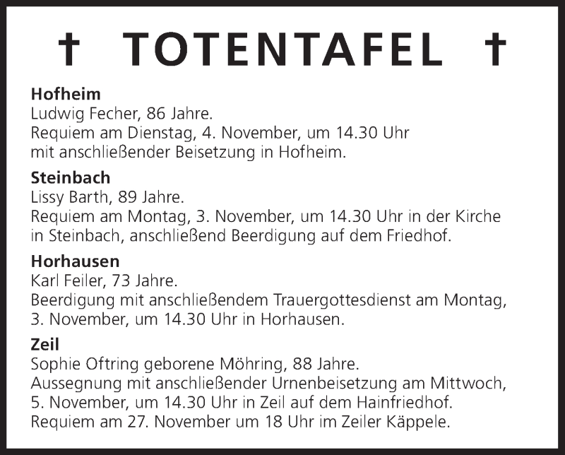  Traueranzeige für Totentafel vom 03.11.2014 vom 03.11.2014 aus MGO