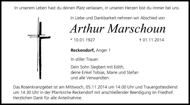  Traueranzeige für Arthur Marschoun vom 03.11.2014 aus MGO