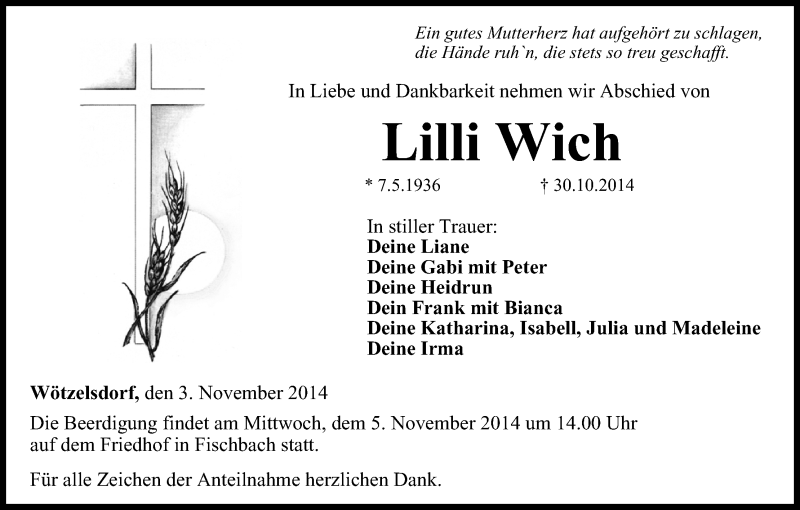  Traueranzeige für Lilli Wich vom 03.11.2014 aus MGO