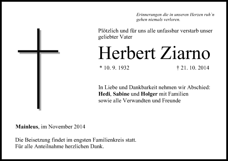  Traueranzeige für Herbert Ziarno vom 04.11.2014 aus MGO