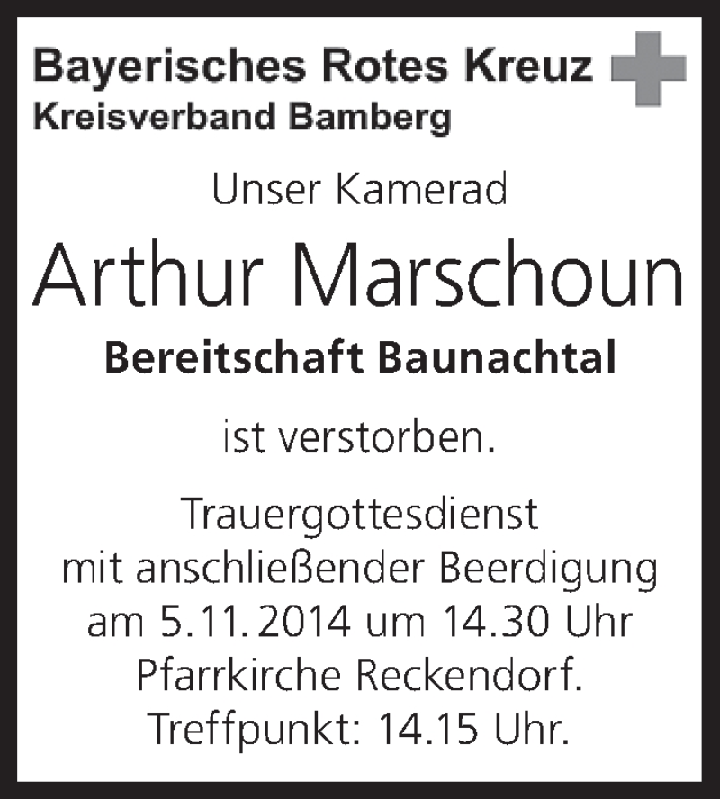  Traueranzeige für Arthur Marschoun vom 04.11.2014 aus MGO