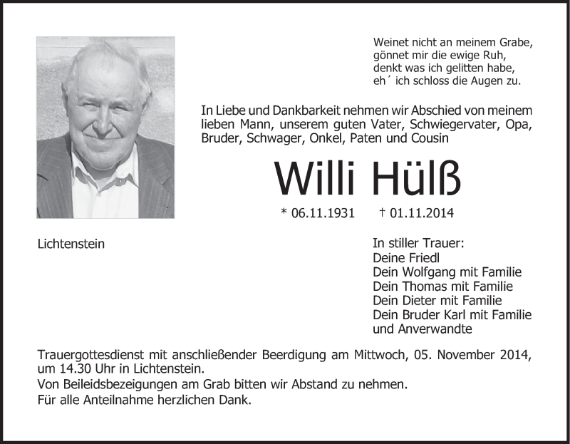  Traueranzeige für Willi Hülß vom 04.11.2014 aus MGO