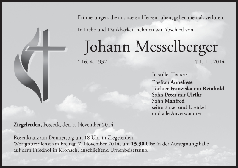  Traueranzeige für Johann Messelberger vom 05.11.2014 aus MGO