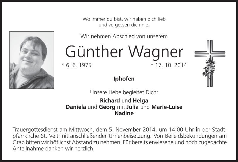  Traueranzeige für Günther Wagner vom 04.11.2014 aus MGO