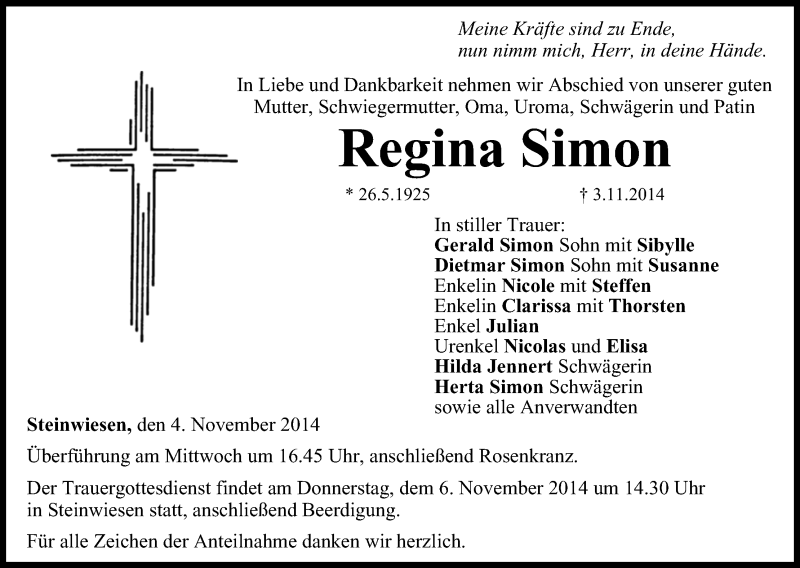  Traueranzeige für Regina Simon vom 04.11.2014 aus MGO