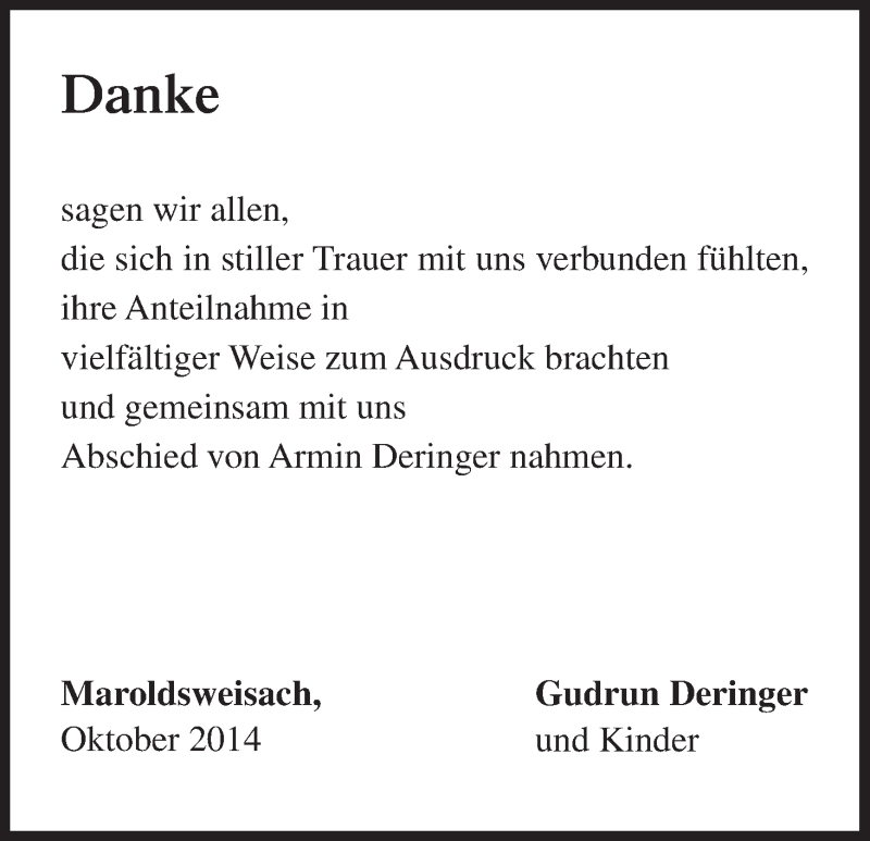  Traueranzeige für Armin Deringer vom 08.11.2014 aus MGO