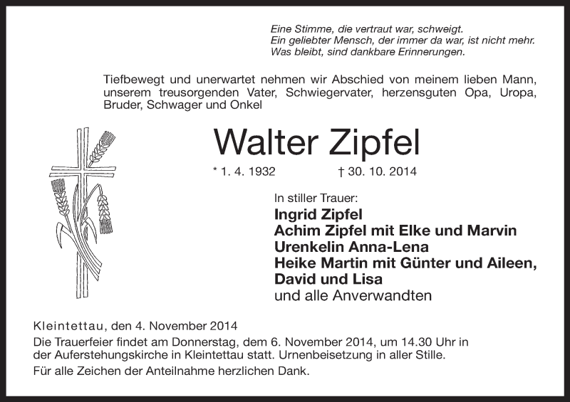  Traueranzeige für Walter Zipfel vom 04.11.2014 aus MGO