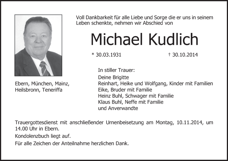  Traueranzeige für Michael Kudlich vom 05.11.2014 aus MGO