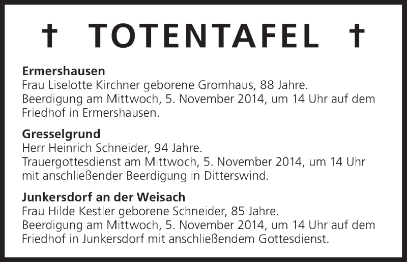  Traueranzeige für Totentafel 05.11.2014 vom 05.11.2014 aus MGO