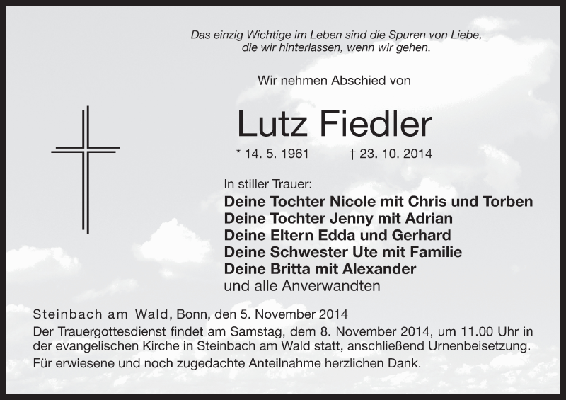  Traueranzeige für Lutz Fiedler vom 05.11.2014 aus MGO
