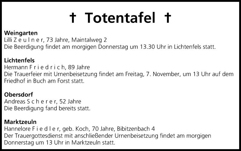  Traueranzeige für Totentafel 05.11.2014 vom 05.11.2014 aus MGO