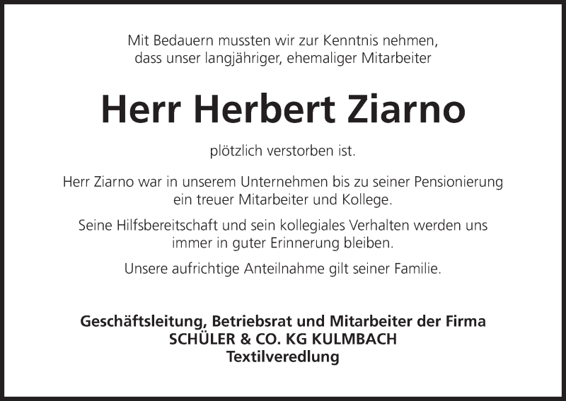  Traueranzeige für Herbert Ziarno vom 06.11.2014 aus MGO