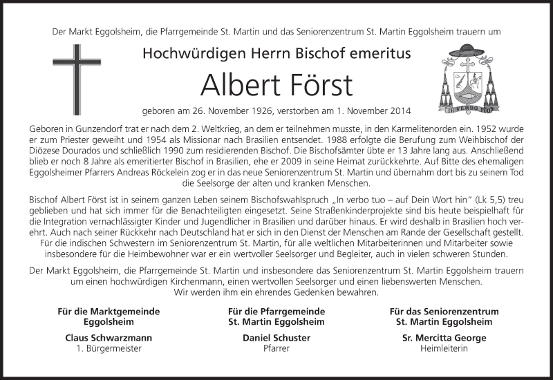  Traueranzeige für Albert Först vom 05.11.2014 aus MGO