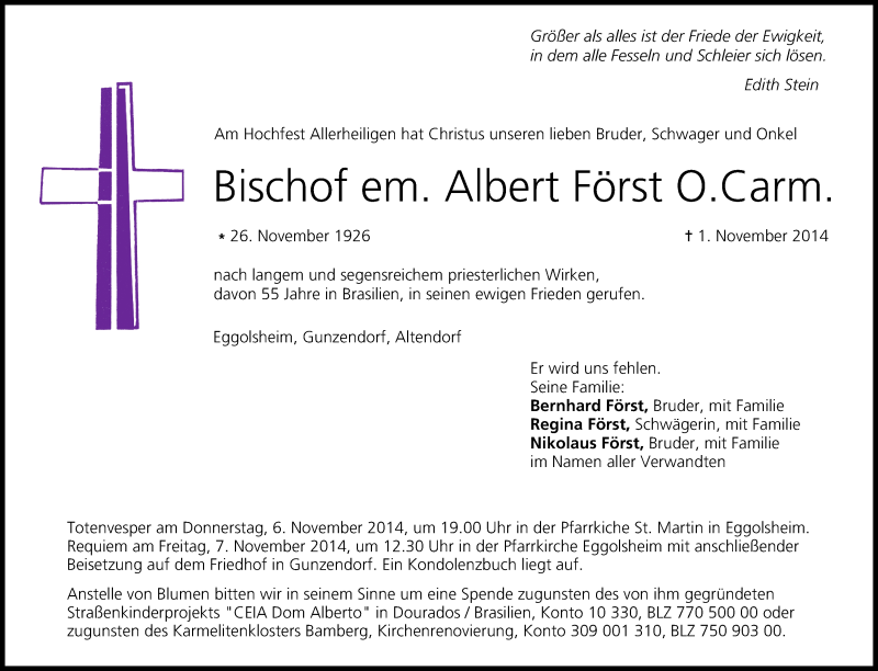  Traueranzeige für Albert Först vom 05.11.2014 aus MGO