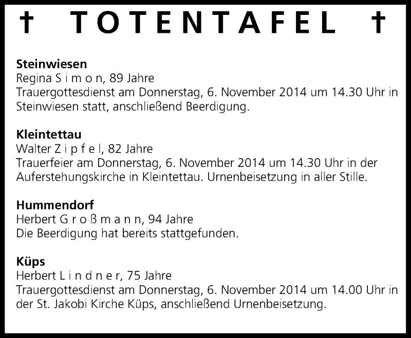  Traueranzeige für Totentafel 05.11.2014 vom 05.11.2014 aus MGO