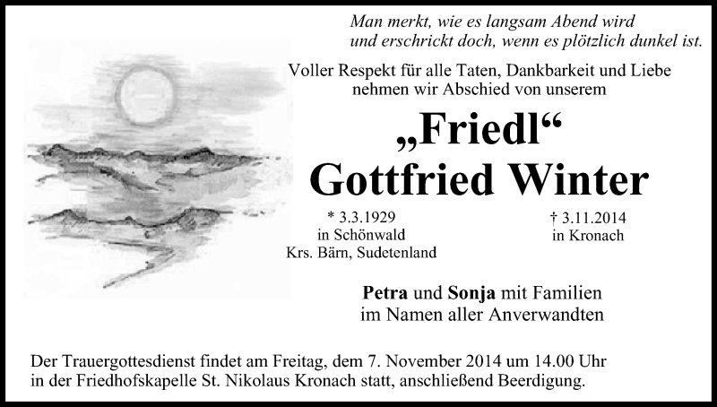  Traueranzeige für Gottfried Winter vom 05.11.2014 aus MGO