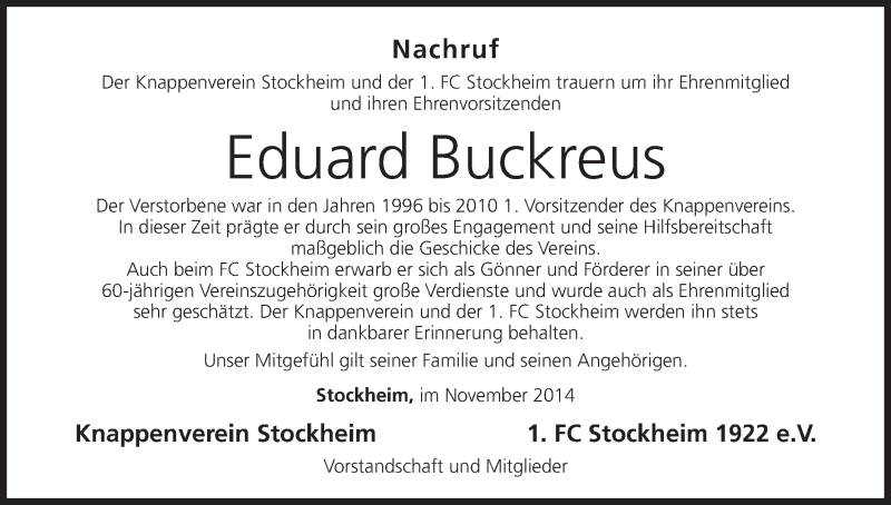  Traueranzeige für Eduard Buckreus vom 07.11.2014 aus MGO