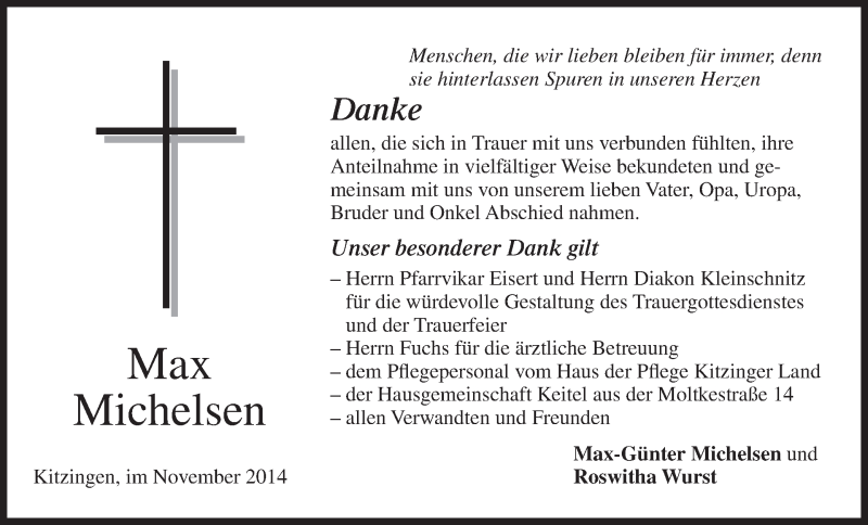  Traueranzeige für Max Michelsen vom 08.11.2014 aus MGO