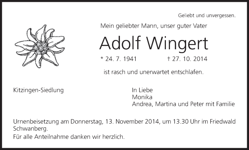  Traueranzeige für Adolf Wingert vom 08.11.2014 aus MGO