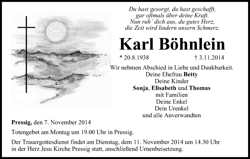  Traueranzeige für Karl Böhnlein vom 07.11.2014 aus MGO