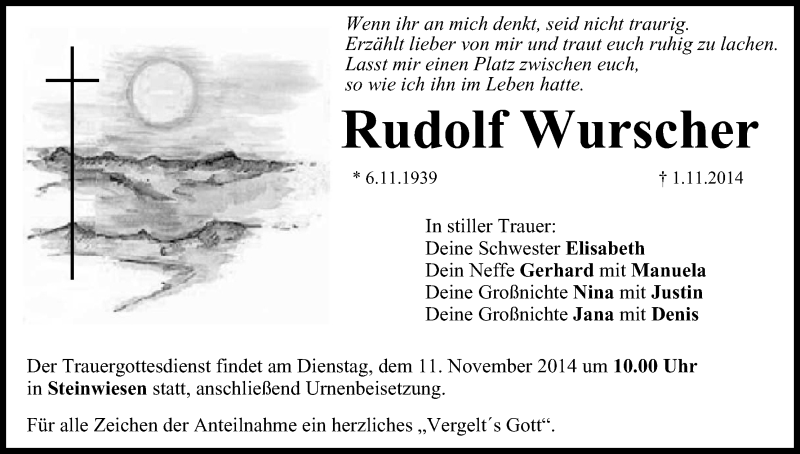  Traueranzeige für Rudolf Wurscher vom 07.11.2014 aus MGO