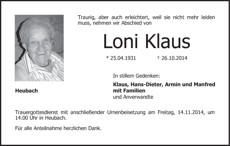  Traueranzeige für Loni Klaus vom 10.11.2014 aus MGO