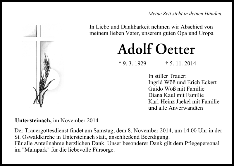  Traueranzeige für Adolf Oetter vom 07.11.2014 aus MGO