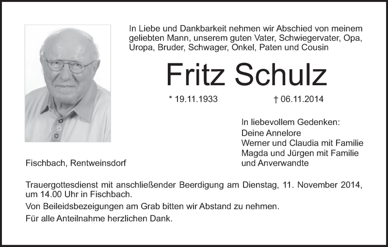  Traueranzeige für Fritz Schulz vom 08.11.2014 aus MGO